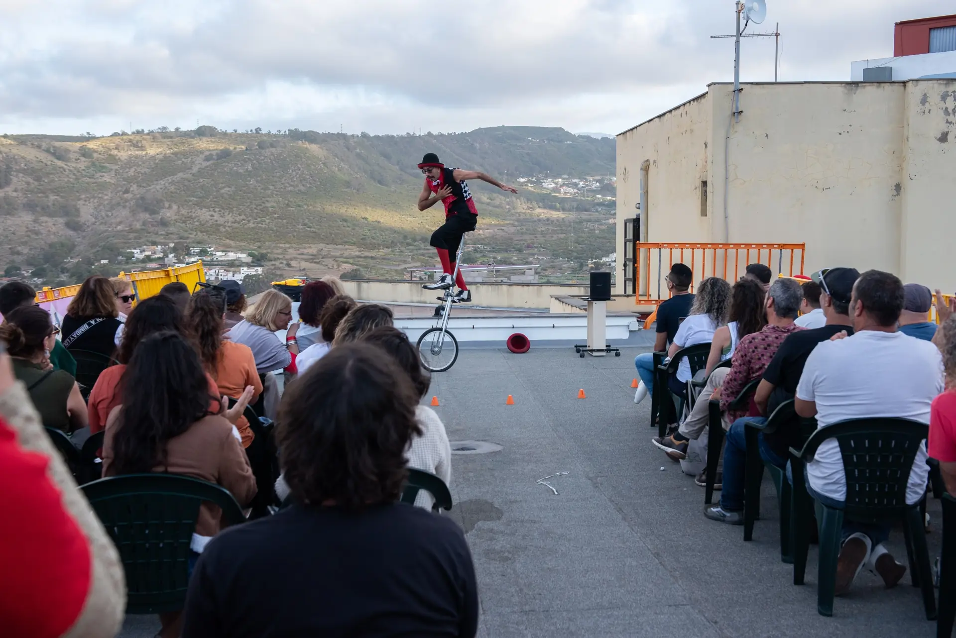 Tadeo on a unicycle on a rooftop